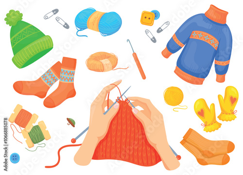 Cartoon hands knitting clothes. Hand with yarn pins handmade winter clothes, wool sweater scarves knitted socks gloves threads ball knit lesson set cartoon vector illustration