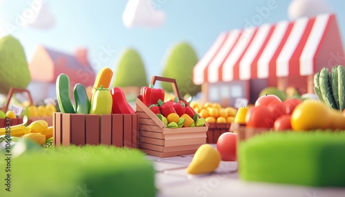 Colorful farmer s market scene with fresh produce, baskets of fruits and vegetables, cheerful and lively atmosphere, 3D illustration photo