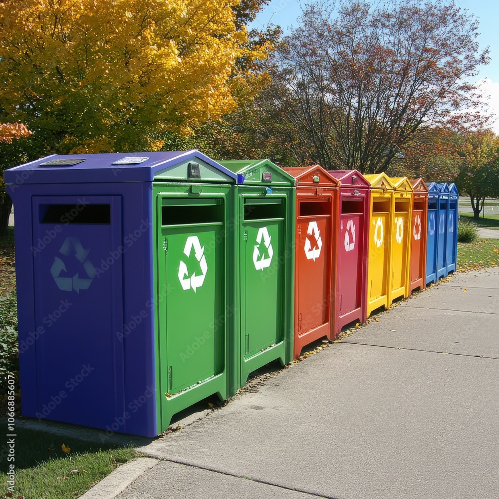 Brightly colored recycling bins line a path in the park, promoting sustainable waste disposal. The sunlight highlights their vibrant hues, creating an inviting atmosphere Brightly colored recycling bins line a path in the park, promoting sustainable waste disposal. The sunlight highlights their vibrant hues, creating an inviting atmosphere