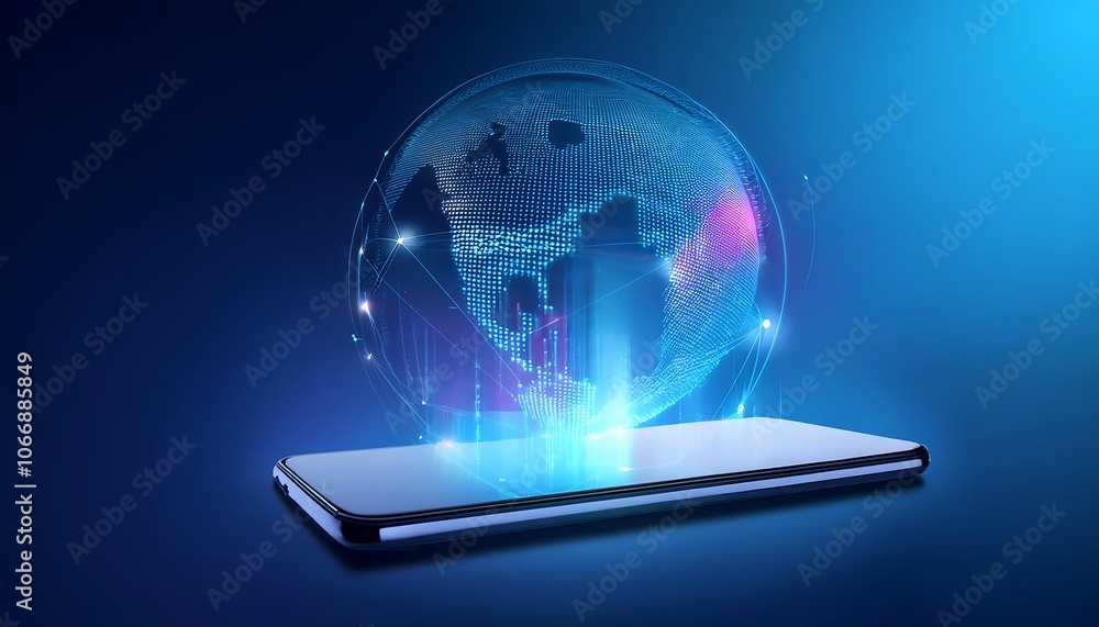 A digital globe hovering above a smartphone. A digital globe hovering above a smartphone.