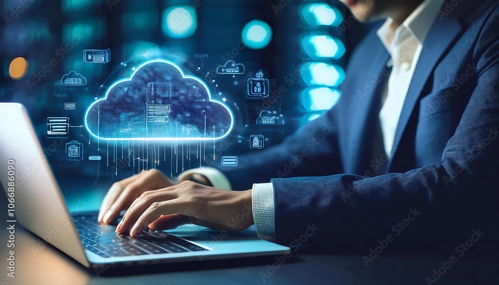 A man is using a laptop and there's a graphic of a cloud storage server A man is using a laptop and there's a graphic of a cloud storage server
