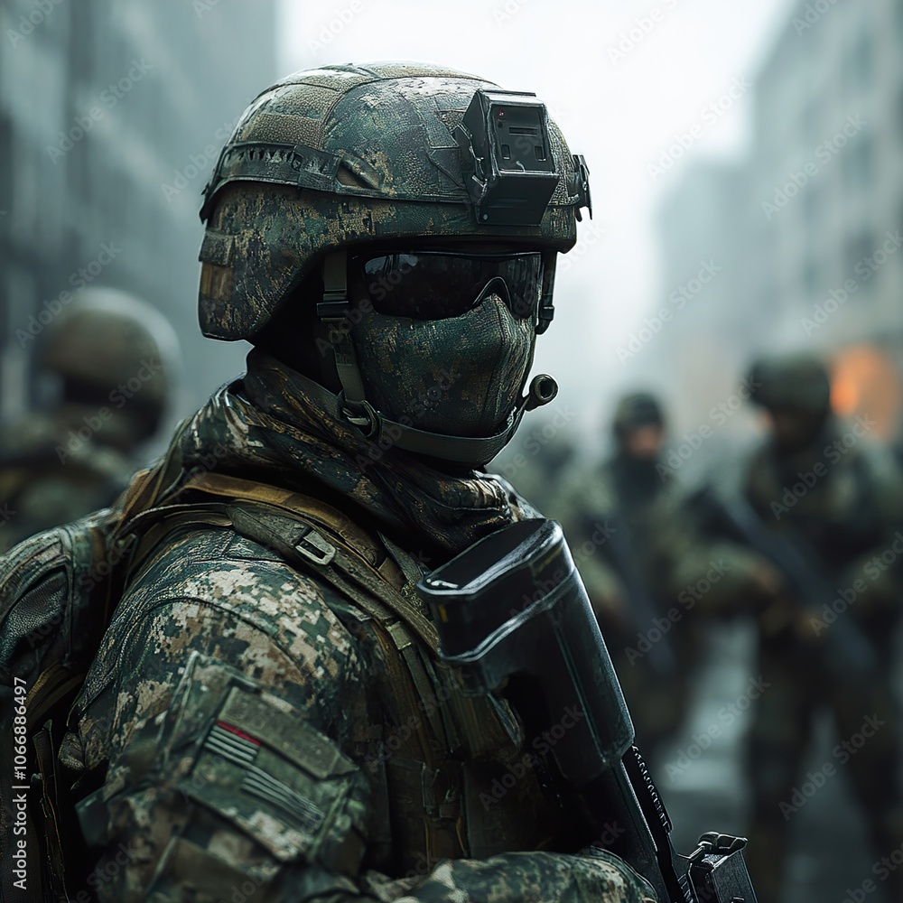 Close-up of a Soldier in Full Combat Gear, Ready for Action Close-up of a Soldier in Full Combat Gear, Ready for Action