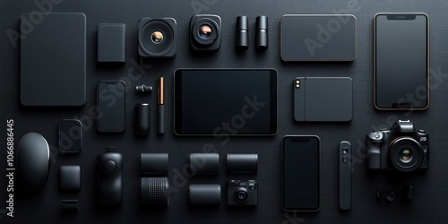 Flat lay of black tech gadgets and accessories on a dark surface