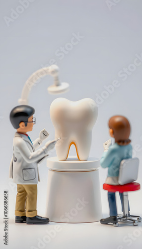 Miniature people : Dentist observing and discussing about human teeth with gums isolated with white shades, png photo