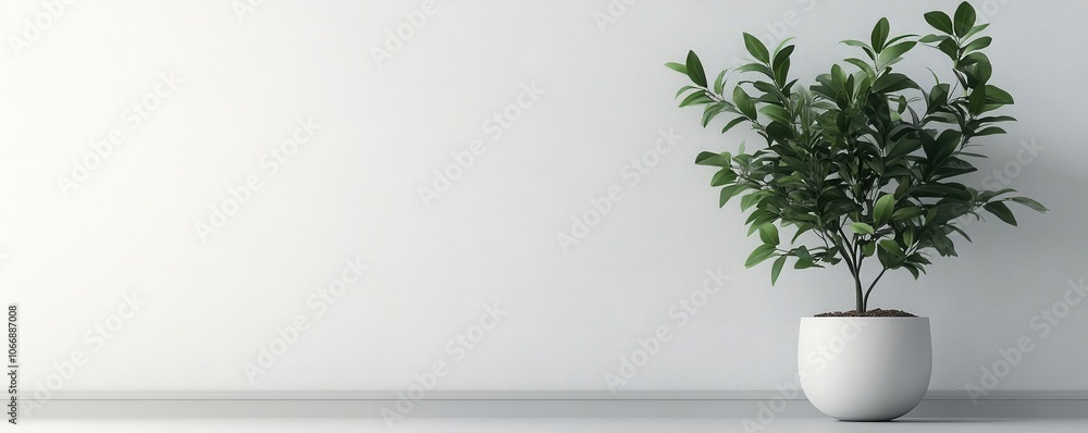 A minimalistic indoor scene featuring a small green plant in a simple white pot against a light wall. A minimalistic indoor scene featuring a small green plant in a simple white pot against a light wall.