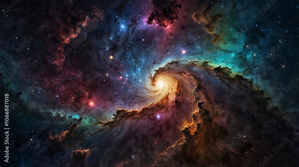 Obraz premium Cosmic Swirl: A mesmerizing nebula in deep space, swirling with vibrant colors and cosmic dust. A breathtaking view of the universe's grandeur.