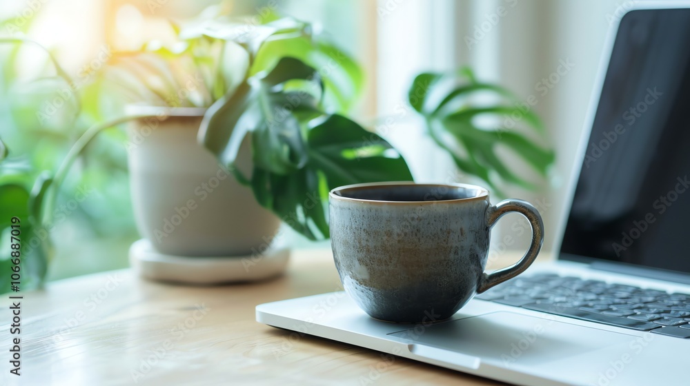 A blue coffee mug on a desk in front of a laptop. A blue coffee mug on a desk in front of a laptop.