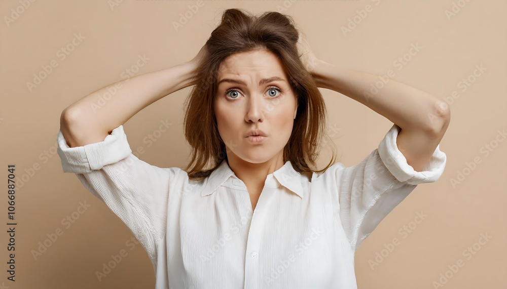 A woman reacts with surprise or shock by raising her head with her hands against a beige background