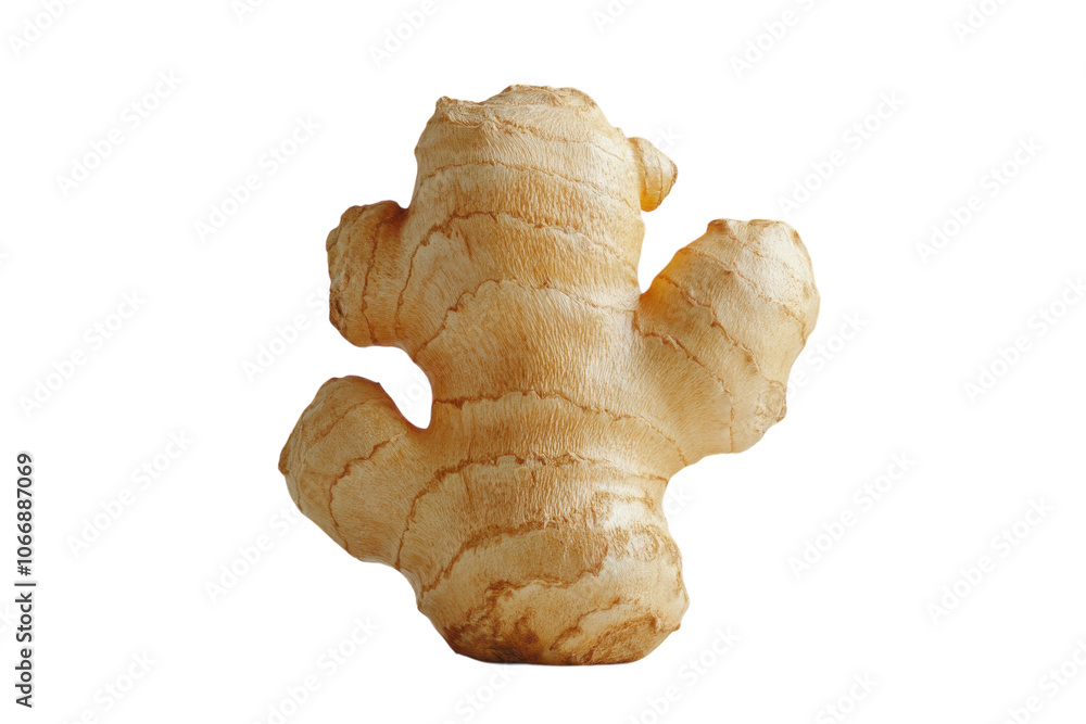 Fresh organic ginger root with a unique shape and textured skin displayed on a white background Fresh organic ginger root with a unique shape and textured skin displayed on a white background