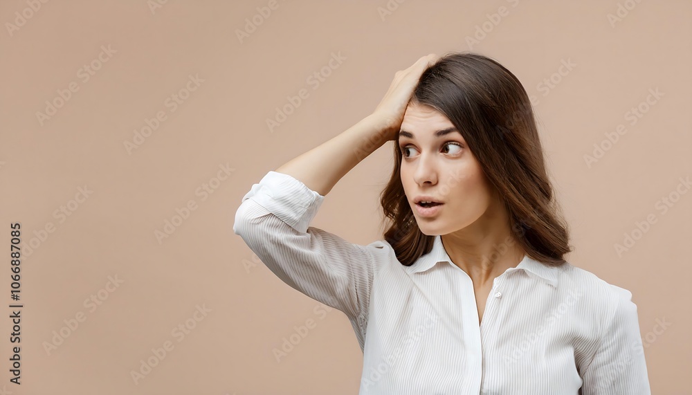A woman reacts with surprise or shock by raising her head with her hands against a beige background A woman reacts with surprise or shock by raising her head with her hands against a beige background