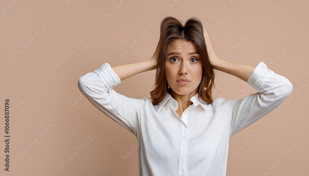 A woman reacts with surprise or shock by raising her head with her hands against a beige background A woman reacts with surprise or shock by raising her head with her hands against a beige background