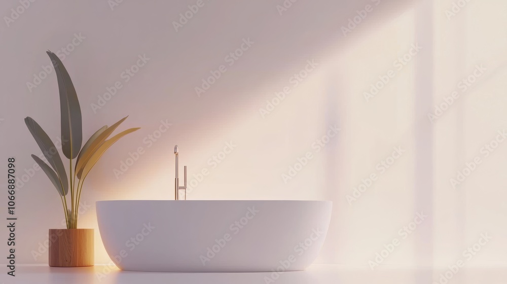 Minimalist bathroom with freestanding bathtub, wooden accents, plants, and soft lighting, serene and spa-like, 3D illustration Minimalist bathroom with freestanding bathtub, wooden accents, plants, and soft lighting, serene and spa-like, 3D illustration