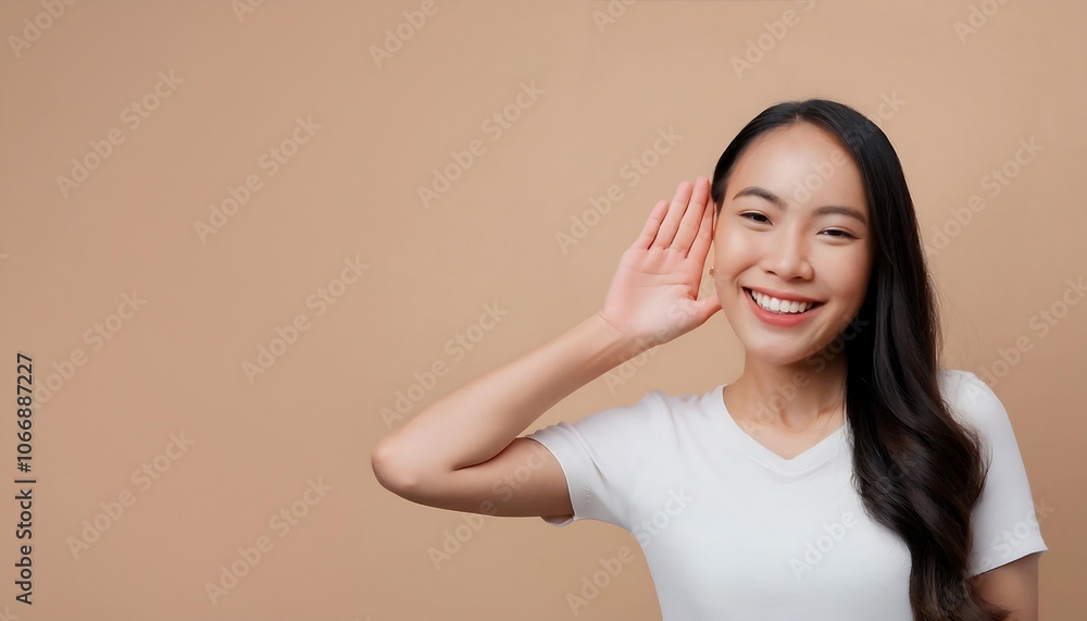 A young woman in a white T-shirt puts her hands to her ears against a tan background, as if listening intently A young woman in a white T-shirt puts her hands to her ears against a tan background, as if listening intently