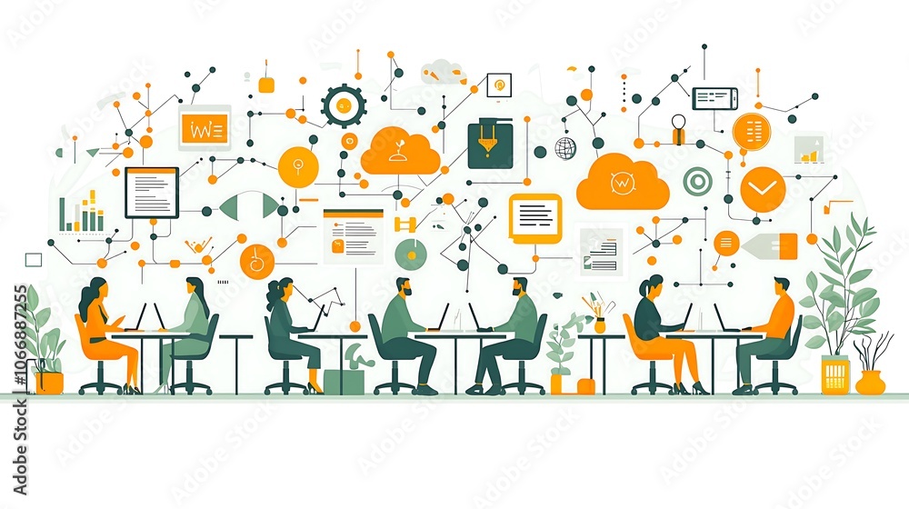 A team of diverse individuals working on laptops in a modern office setting with a complex network of interconnected icons representing data, technology, and workflows, A team of diverse individuals working on laptops in a modern office setting with a complex network of interconnected icons representing data, technology, and workflows,
