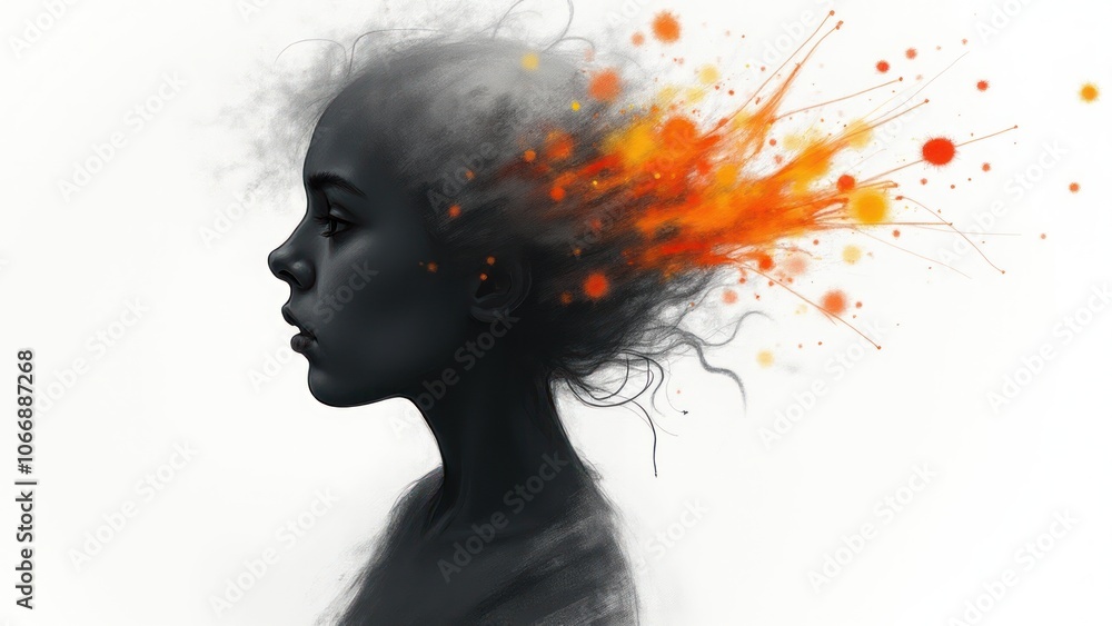 Side profile with an artistic color explosion, representing ADHD, intense focus, and creative thought. Side profile with an artistic color explosion, representing ADHD, intense focus, and creative thought.