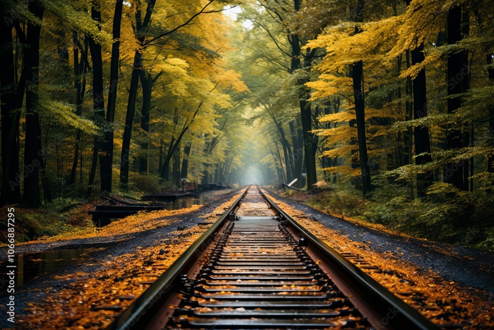 Tranquil autumn railway path surrounded by vibrant trees in a serene forest landscape Tranquil autumn railway path surrounded by vibrant trees in a serene forest landscape