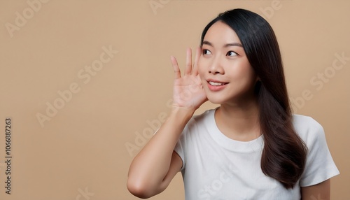 A young woman in a white T-shirt puts her hands to her ears against a tan background, as if listening intently