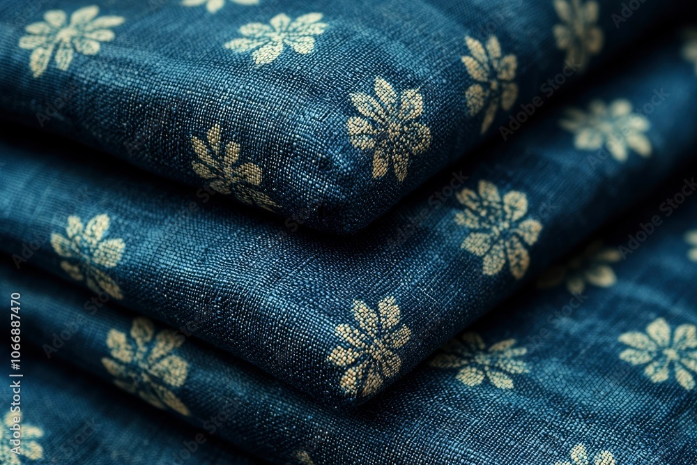 Close-up of Folded Blue Fabric with White Floral Pattern Close-up of Folded Blue Fabric with White Floral Pattern