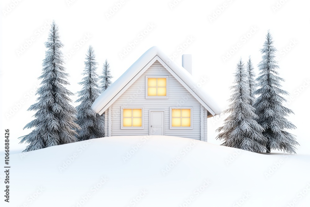 Snow-covered cabin with glowing lights, pine trees around, winter wonderland, peaceful holiday vibe, cozy and magical, 3D illustration Snow-covered cabin with glowing lights, pine trees around, winter wonderland, peaceful holiday vibe, cozy and magical, 3D illustration