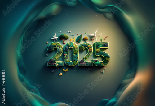 The year 2025 is rendered in 3D with a lush, vibrant green foliage and fauna pattern. photo