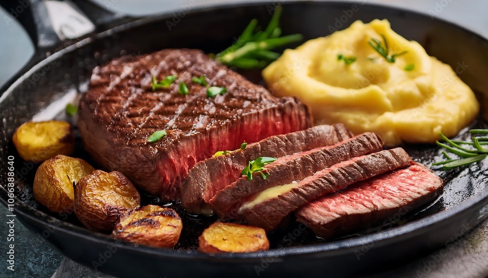 Grilled beef steak served with batata soup and potatoes grilled in a cast iron skillet. Grilled beef steak served with batata soup and potatoes grilled in a cast iron skillet.