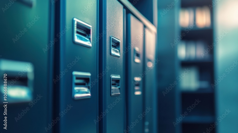 A low-angle view of a filing cabinet, showing its height and label holders. The background is softly blurred, giving a sense of an office. A low-angle view of a filing cabinet, showing its height and label holders. The background is softly blurred, giving a sense of an office.