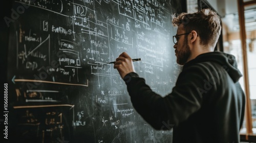 A low-angle view of someone writing on the chalkboard, with the background softly blurred for context.
