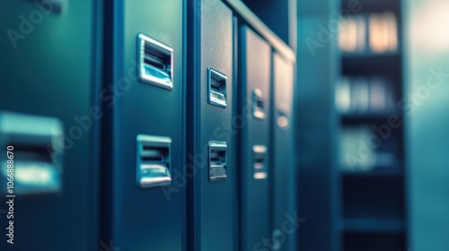 A low-angle view of a filing cabinet, showing its height and label holders. The background is softly blurred, giving a sense of an office.