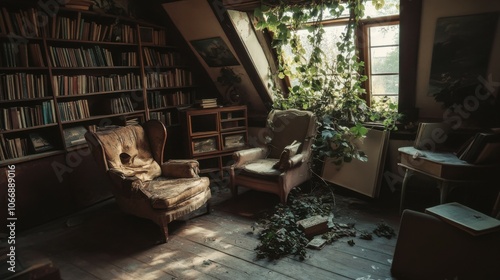 dimly lit attic filled with vintage furniture and dusty books, vines creeping through the window, a sense of nostalgia and abandonment, warm earthy tones photo