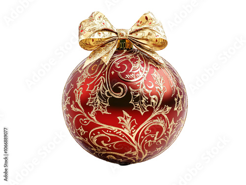 a red and gold christmas ornament with a bow