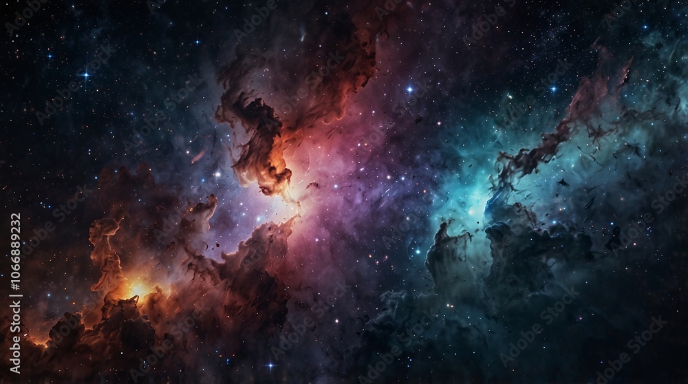 Obraz premium Cosmic Symphony: A mesmerizing nebula, ablaze with vibrant hues of red, blue, and purple, dances across the canvas of the cosmos. Its ethereal glow, punctuated by the twinkling of countless stars.