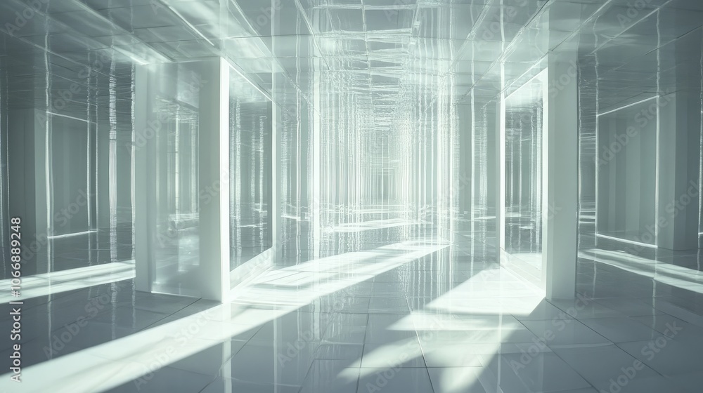 A futuristic labyrinth made of mirrors and white grid patterns, casting soft light and deep shadows, creating a surreal and abstract visual. A futuristic labyrinth made of mirrors and white grid patterns, casting soft light and deep shadows, creating a surreal and abstract visual.