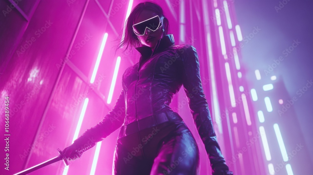 Fashion model styled as a futuristic warrior, standing in a neon-lit city Fashion model styled as a futuristic warrior, standing in a neon-lit city