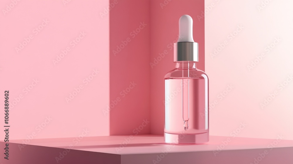 A minimalist scene featuring a clear dropper bottle for skincare, softly lit, with a bold, full-color background, highlighting the purity and sophistication of the product. A minimalist scene featuring a clear dropper bottle for skincare, softly lit, with a bold, full-color background, highlighting the purity and sophistication of the product.