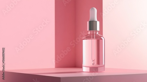 A minimalist scene featuring a clear dropper bottle for skincare, softly lit, with a bold, full-color background, highlighting the purity and sophistication of the product.