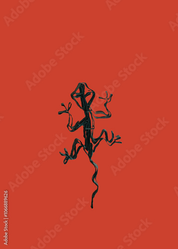 decorative metal lizard on red background, abstract magic dragon