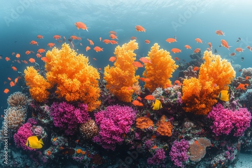 Vibrant Coral Reef with Orange and Yellow Fish photo