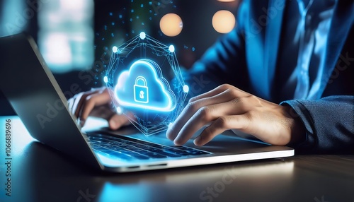 Man typing on laptop with glowing cloud icon and network graphics photo