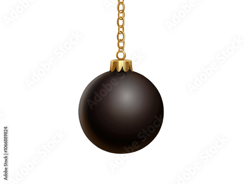 a black ball with gold trim from a chain