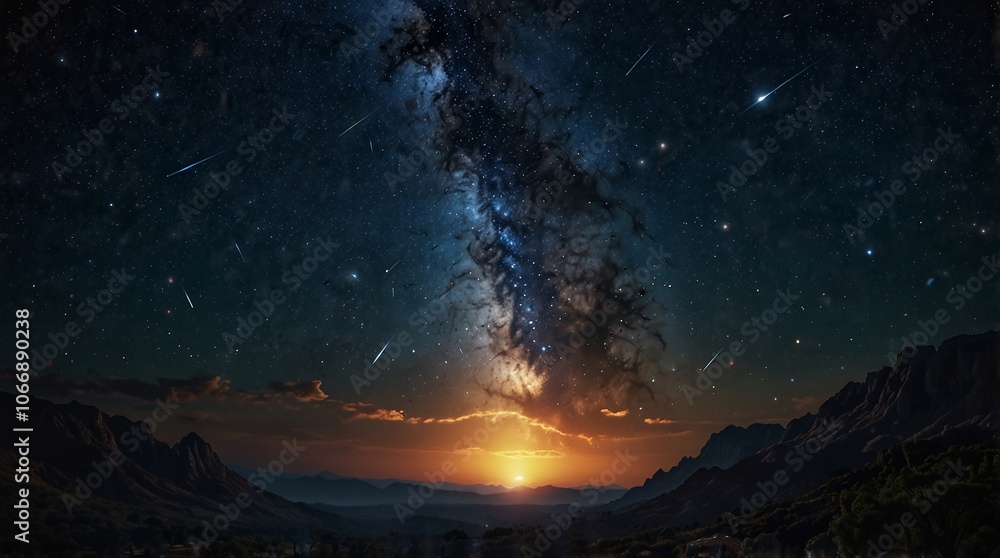 Celestial Symphony: A breathtaking panorama of the Milky Way, ablaze with celestial wonders, streaks of shooting stars, and a vibrant sunset casting a warm glow over majestic mountains.