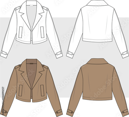 trench jacket technical fashion illustration. Flat apparel vest template front and back, white color. Unisex CAD mock-up.