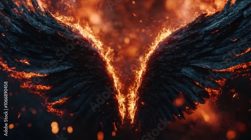 Burning angelic wings consumed by dark red and black flames. 