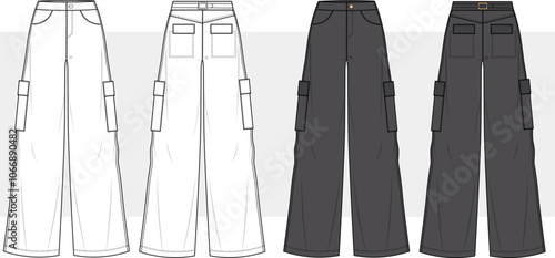 WIDE LEG BAGGY FIT PANTS WITH POCKET FRONT AND BACK VIEW. FASHION ILLUSTRATION VECTOR DRAWING