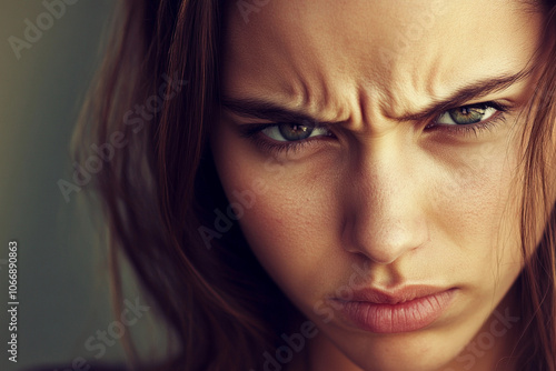 Young woman showing intense emotion with furrowed brows