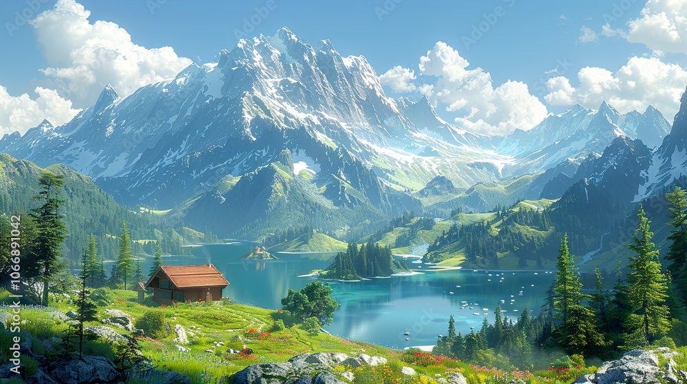 Fototapeta premium Mountain Lake Retreat: Serenity and Beauty in the Alps