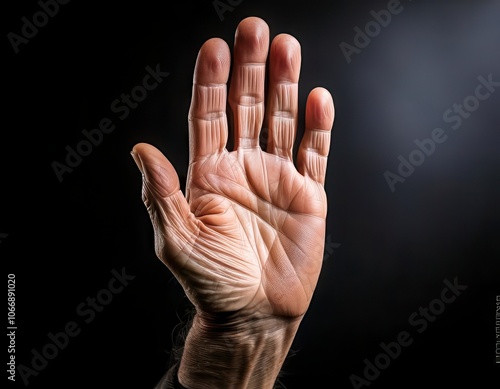 Elderly person’s hand extended with the palm facing upwards. Generative Image photo