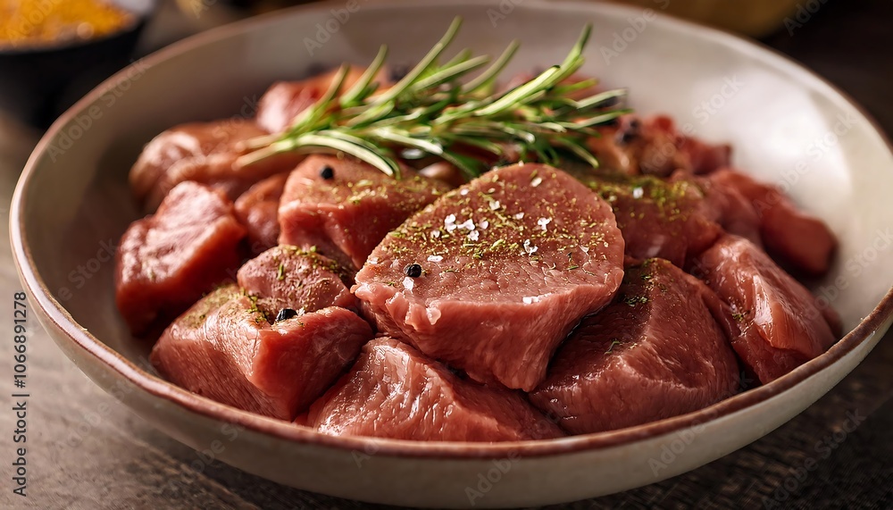 Raw meat seasoned with spices and rosemary leaves placed in a bowl ready for cooking. Raw meat seasoned with spices and rosemary leaves placed in a bowl ready for cooking.
