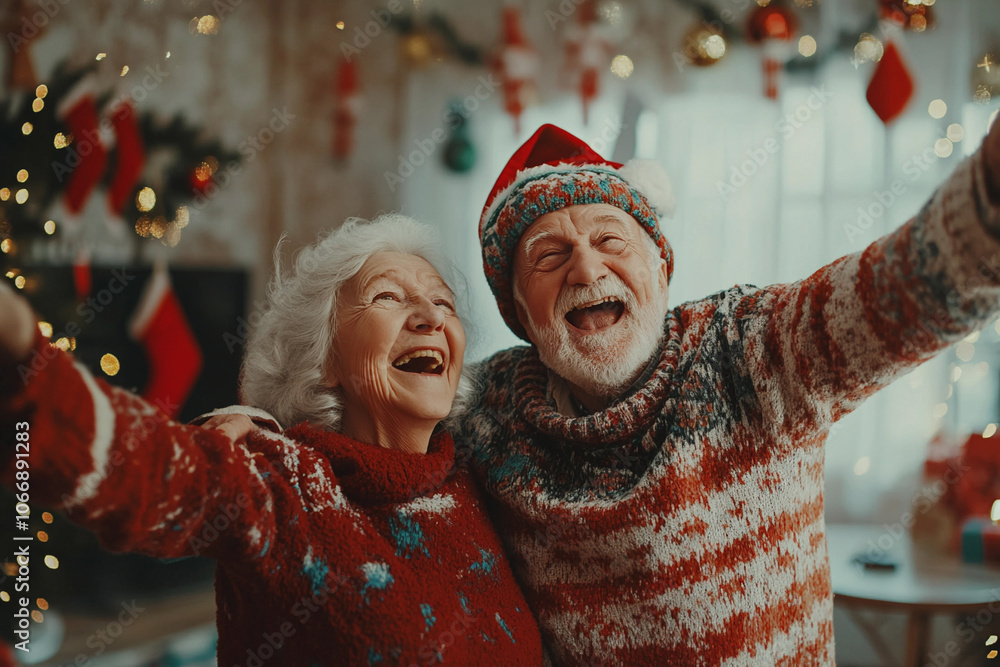 Portrait of elderly people in a New Year atmosphere. Grandpa and grandma in Christmas sweaters. Portrait of elderly people in a New Year atmosphere. Grandpa and grandma in Christmas sweaters.