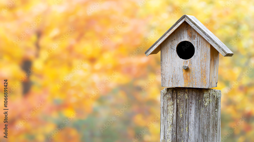 Rustic birdhouse perched on a weathered wooden post, soft-focus background of an autumn meadow, warm earthy tones with a nostalgic feel. Rustic birdhouse perched on a weathered wooden post, soft-focus background of an autumn meadow, warm earthy tones with a nostalgic feel.