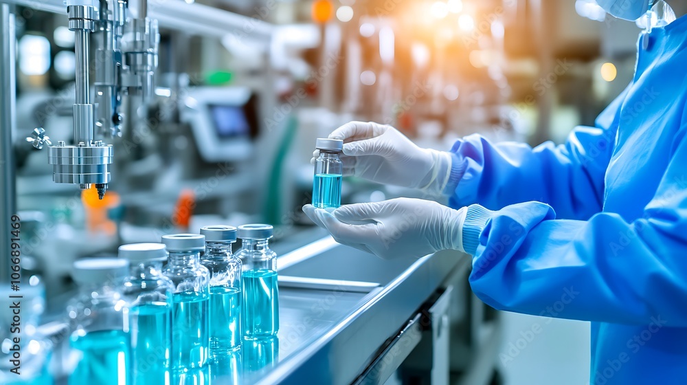 Laboratory Technician Holding a Vial of Blue Liquid in a Modern Pharmaceutical Manufacturing Facility Laboratory Technician Holding a Vial of Blue Liquid in a Modern Pharmaceutical Manufacturing Facility